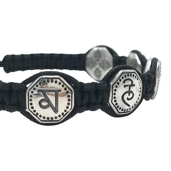 BRACCIALE TIBETANO SIMBOLI MANTRA SERENITA CORDINO SETA CERATA  REGOLABILE ARGENTO 925