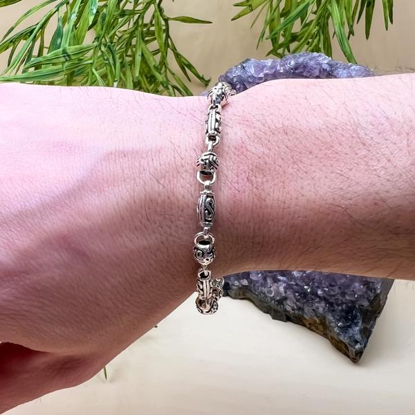 BRACCIALE ETNICO ARTIGIANALE DESIGN GEOMETRICO SFERE CILINDRI UNISEX BRUNITO ARGENTO 925