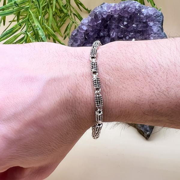 BRACCIALE ETNICO ARTIGIANALE DESIGN GEOMETRICO PUNTINATO UNISEX BRUNITO ARGENTO 925
