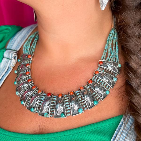 COLLANA COLLIER NAVAJO CORALLO TURCHESE LAVORATO A MANO ARGENTO 925