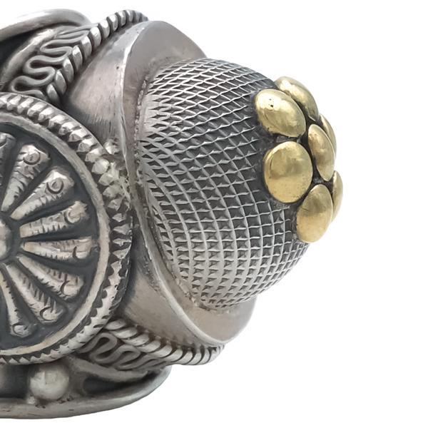 ANELLO BIG DOME CHEVALIER CUPOLA FIORE DORATO TIBETANO BRUNITO REGOLABILE ARGENTO 925