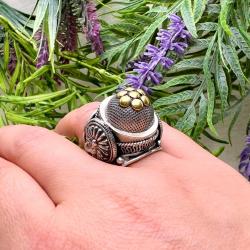 ANELLO BIG DOME CHEVALIER CUPOLA FIORE DORATO TIBETANO BRUNITO REGOLABILE ARGENTO 925