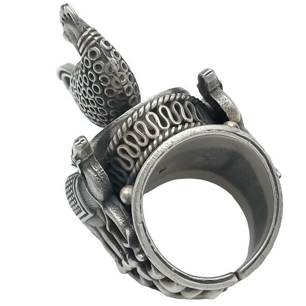 ANELLO BIG PEACOCK CAMELCHEVALIER TIBETANO BRUNITO REGOLABILE ARGENTO 925