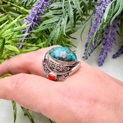 ANELLO TURCHESE CORALLO CHEVALIER TIBETANO BRUNITO REGOLABILE ARGENTO 925
