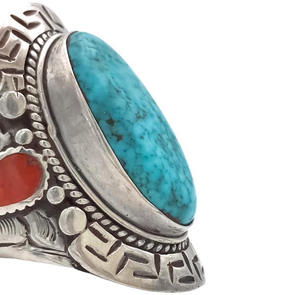 ANELLO SCUDO TIBETANO CORALLO TURCHESE ARGENTO 925