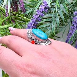 ANELLO SCUDO TIBETANO CORALLO TURCHESE ARGENTO 925