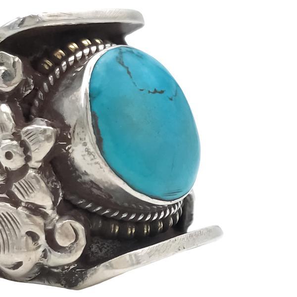 ANELLO SELLA TIBETANO TURCHESE DETTAGLI FLOREALI ARGENTO 925