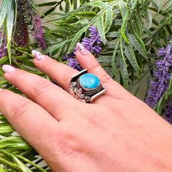 ANELLO SELLA TIBETANO TURCHESE DETTAGLI FLOREALI ARGENTO 925
