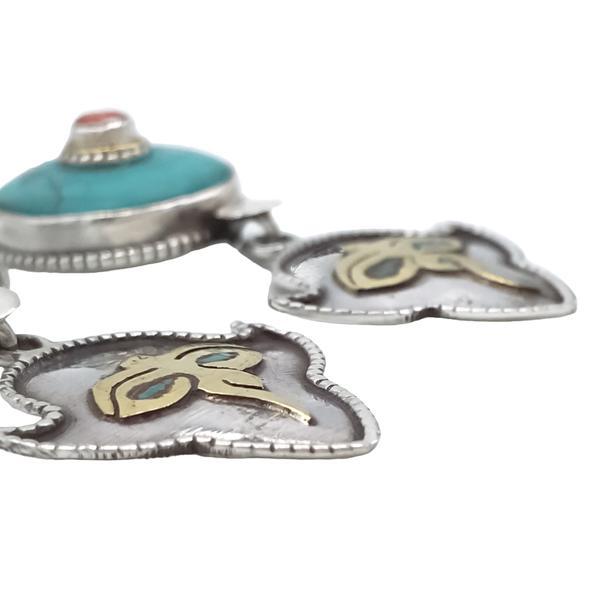 ORECCHINI TIBET ETHNIC PENDENTI OCCHI BUDDHA TURCHESE CORALLO ARGENTO 925