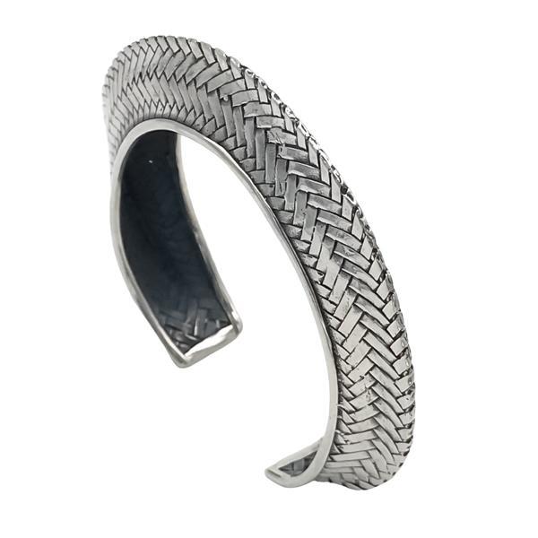 BRACCIALE BANGLE TRIBAL RIGIDO INTRECCIATO BRUNITO REGOLABILE UNISEX ARGENTO 925  