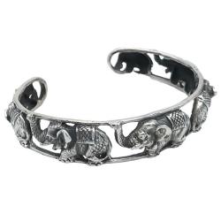 BRACCIALE BANGLE ELEFANTI RIGIDO BRUNITO REGOLABILE UNISEX ARGENTO 925  