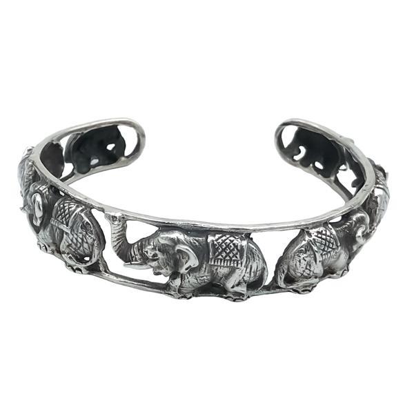 BRACCIALE BANGLE ELEFANTI RIGIDO BRUNITO REGOLABILE UNISEX ARGENTO 925  