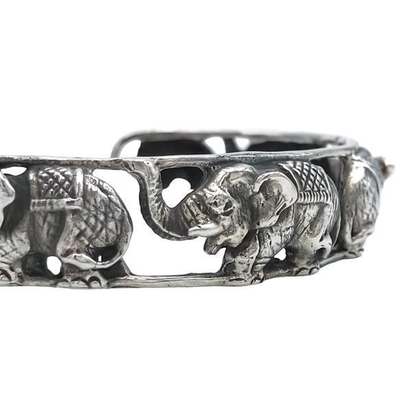 BRACCIALE BANGLE ELEFANTI RIGIDO BRUNITO REGOLABILE UNISEX ARGENTO 925  