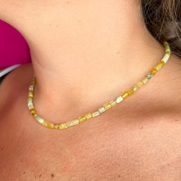 COLLANA ENERGETICA UNISEX CRISTALLI OPALE GIALLO TUBOLARI REGOLABILE ARGENTO 925