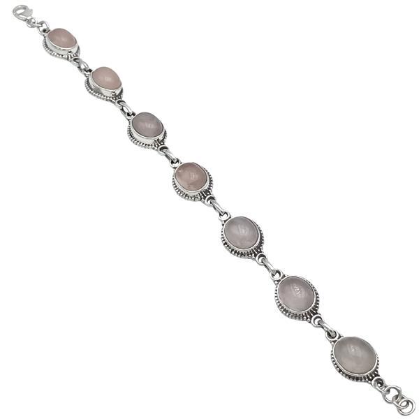 BRACCIALE ETNICO SETTE PIETRE QUARZO ROSA CORNICE LAVORATA REGOLABILE ARGENTO 925