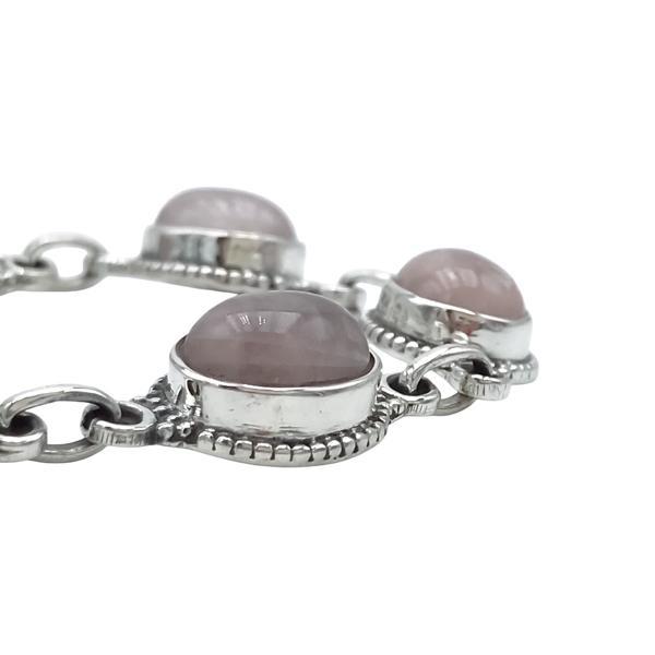 BRACCIALE ETNICO SETTE PIETRE QUARZO ROSA CORNICE LAVORATA REGOLABILE ARGENTO 925