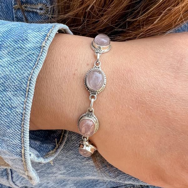 BRACCIALE ETNICO SETTE PIETRE QUARZO ROSA CORNICE LAVORATA REGOLABILE ARGENTO 925