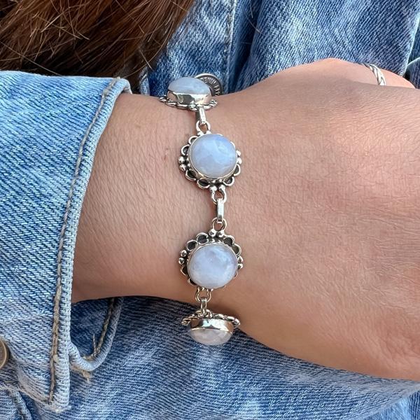 BRACCIALE ETNICO FLOWER PIETRE NATURALI ADULARIA CORNICE LAVORATA REGOLABILE ARGENTO 925