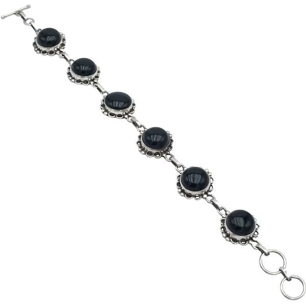 BRACCIALE ETNICO FLOWER PIETRE NATURALI OSSIDIANA CORNICE LAVORATA REGOLABILE ARGENTO 925