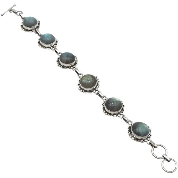 BRACCIALE ETNICO FLOWER PIETRE NATURALI LABRADORITE CORNICE LAVORATA REGOLABILE ARGENTO 925