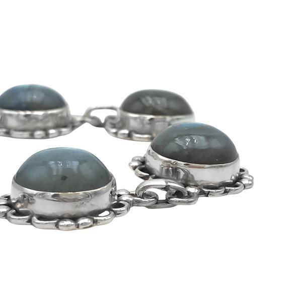 BRACCIALE ETNICO FLOWER PIETRE NATURALI LABRADORITE CORNICE LAVORATA REGOLABILE ARGENTO 925