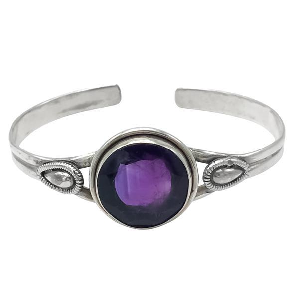 BRACCIALE BANGLE RIGIDO ETNICO AMETISTA NATURALE REGOLABILE ARGENTO 925