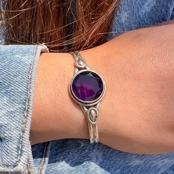 BRACCIALE BANGLE RIGIDO ETNICO AMETISTA NATURALE REGOLABILE ARGENTO 925