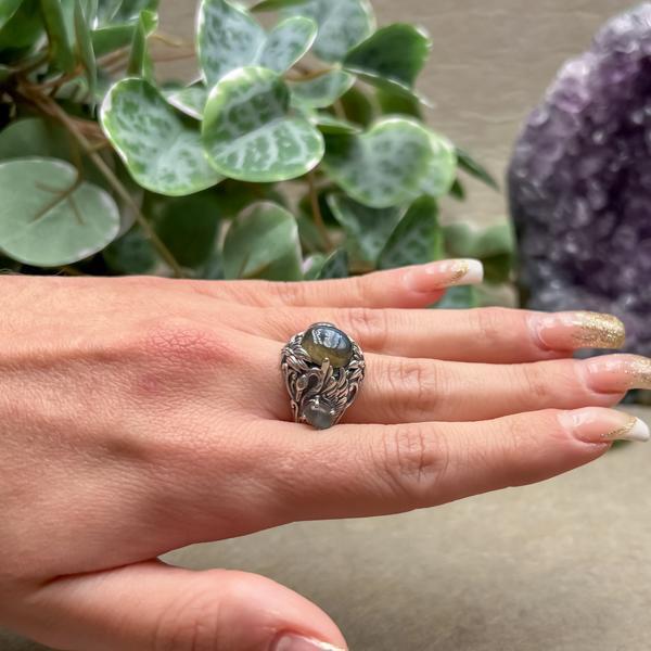 ANELLO FLOWER ETNICO ARTIGIANALE PIETRA NATURALE LABRADORITE ARGENTO 925 