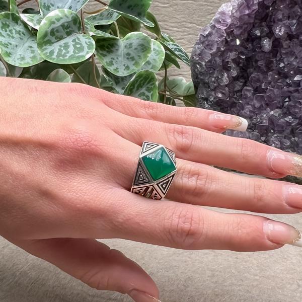 ANELLO CHEVALIER GEOMETRICO ETNICO ARTIGIANALE PIETRA NATURALE AGATA VERDE ARGENTO 925 