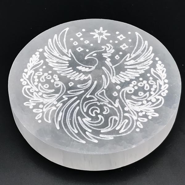 PIATTINO ARMONIZZATORE ROTONDO FENICE SELENITE NATURALE CRISTALLOTERAPIA 
