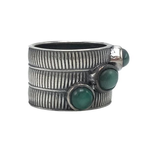 ANELLO ETNICO FASCIA RIGATA MALACHITE PIETRA NATURALE ARGENTO 925 