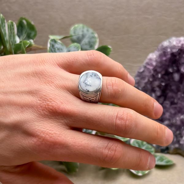ANELLO CHEVALIER ETNICO SPIGA AGATA DENDRITICA PIETRA NATURALE UNISEX ARGENTO 925 