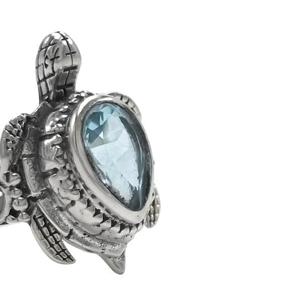ANELLO SEA TURTLE TARTARUGA ACQUAMARINA PIETRA NATURALE ARGENTO 925 