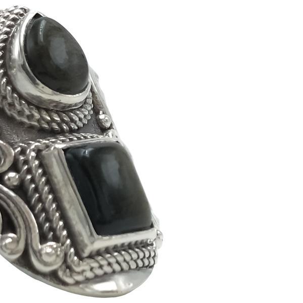 ANELLO SCUDO DECORATO DUE OSSIDIANA DORATA PIETRA NATURALE ARGENTO 925 