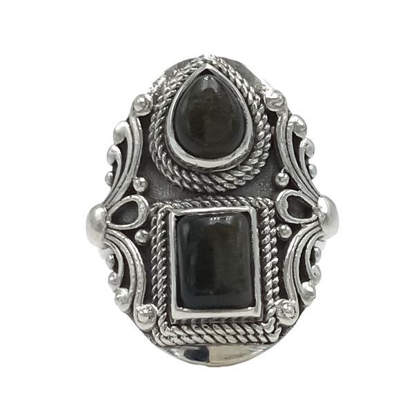 ANELLO SCUDO DECORATO DUE OSSIDIANA DORATA PIETRA NATURALE ARGENTO 925 
