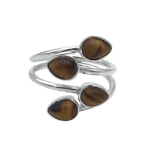 ANELLO CONTRARIE QUATTRO PIETRE GOCCIA OCCHIO DI TIGRE REGOLABILE ARGENTO 925 