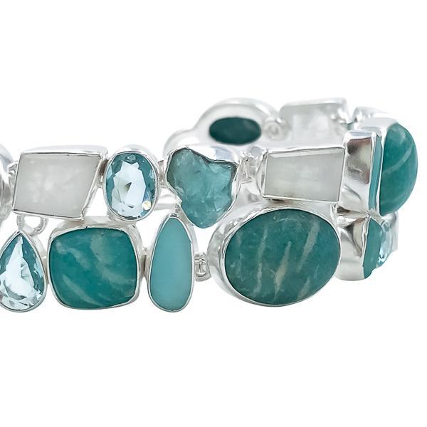 BRACCIALE HANDMADE LUXURY PIETRA NATURALE AMAZZONITE PIETRA DI LUNA ADULARIA ACQUAMARINA LARIMAR REGOLABILE ARGENTO 925