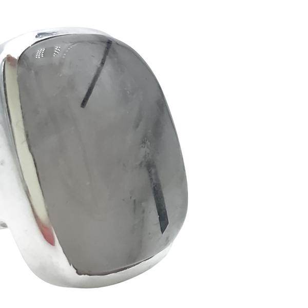 ANELLO RETTANGOLARE REGOLABILE PIETRA NATURALE QUARZO RUTILATO NERO ARGENTO 925