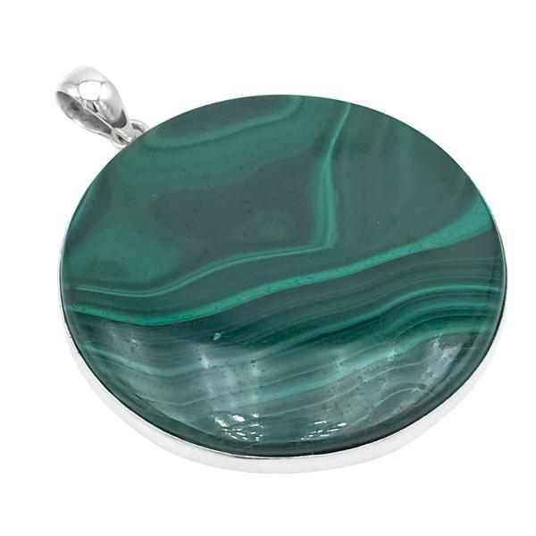 CIONDOLO PENDENTE MINIMAL GRANDE PIETRA NATURALE MALACHITE ROTONDA ARGENTO 925
