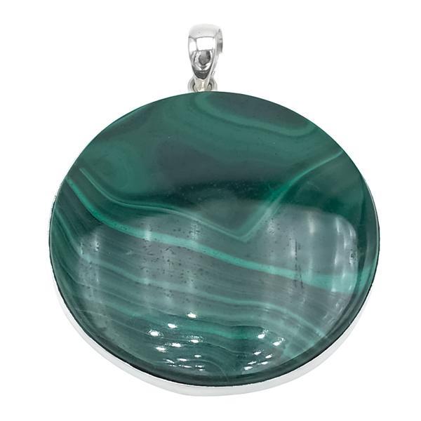 CIONDOLO PENDENTE MINIMAL GRANDE PIETRA NATURALE MALACHITE ROTONDA ARGENTO 925