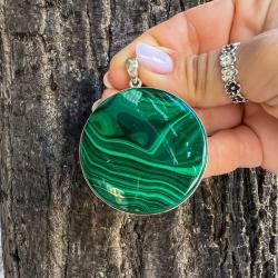 CIONDOLO PENDENTE MINIMAL GRANDE PIETRA NATURALE MALACHITE ROTONDA ARGENTO 925