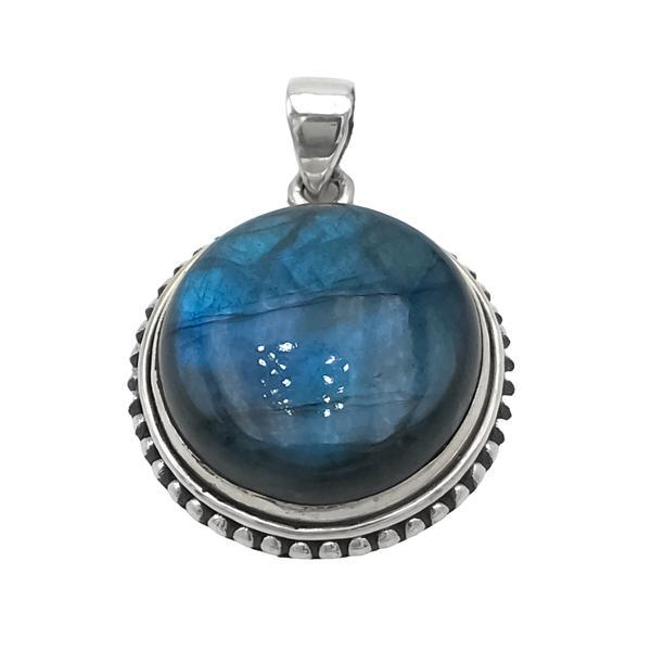 CIONDOLO PENDENTE MINIMAL PIETRA NATURALE LABRADORITE ROTONDA ARGENTO 925