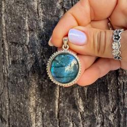 CIONDOLO PENDENTE MINIMAL PIETRA NATURALE LABRADORITE ROTONDA ARGENTO 925