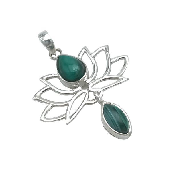 CIONDOLO PENDENTE FIORE DI LOTO PIETRA NATURALE MALACHITE ARGENTO 925