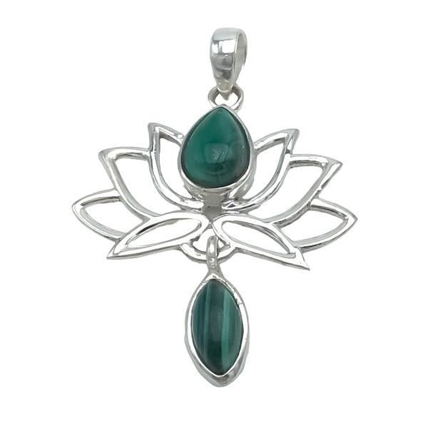 CIONDOLO PENDENTE FIORE DI LOTO PIETRA NATURALE MALACHITE ARGENTO 925