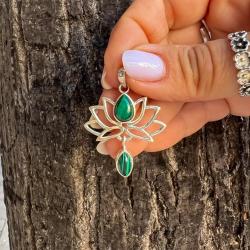 CIONDOLO PENDENTE FIORE DI LOTO PIETRA NATURALE MALACHITE ARGENTO 925