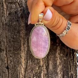 CIONDOLO PENDENTE MINIMAL PIETRA NATURALE KUNZITE OVALE ARGENTO 925