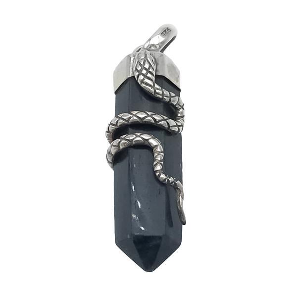 CIONDOLO PENDENTE LASER SNAKE SERPENTE AVVOLTO CRISTALLO DUMORTIERITE SCURA ARGENTO 925