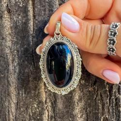 CIONDOLO PENDENTE ETNICO SCUDO OSSIDIANA NERA OVALE ARTIGIANALE ARGENTO 925