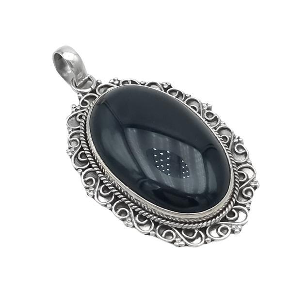 CIONDOLO PENDENTE ETNICO SCUDO OSSIDIANA NERA OVALE ARTIGIANALE ARGENTO 925